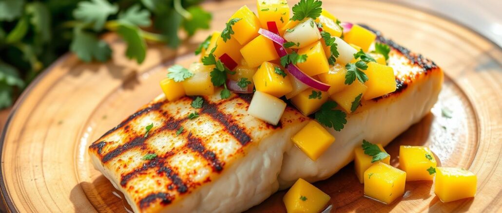 Gegrillter Heilbutt mit Mangosalsa