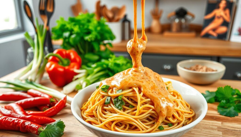 Rezept Zubereitung der Scharfen Thai-Erdnussnudeln