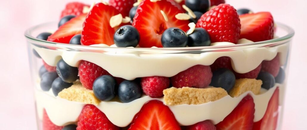 Schichten von Früchten in britischem Trifle