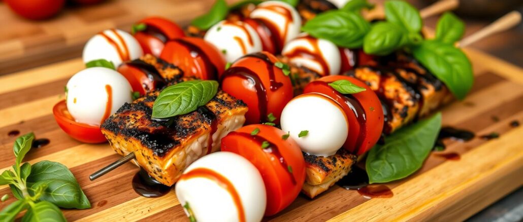 Schwarzgebratener Lachs Caprese Spieße Rezept