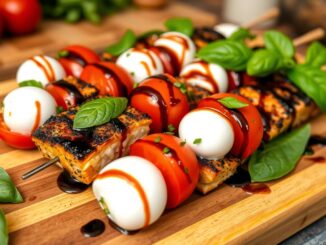 Schwarzgebratener Lachs Caprese Spieße Rezept