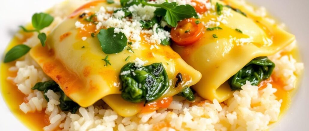 Spinat-Ricotta-Ravioli mit Reis