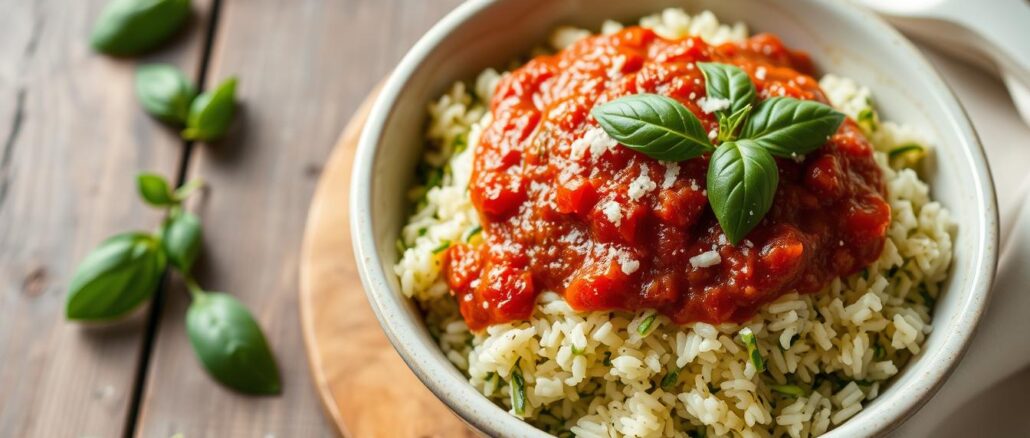 Zucchini-Reis mit Tomatensauce