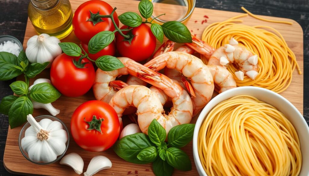 Zutatenliste für Shrimps-Pasta